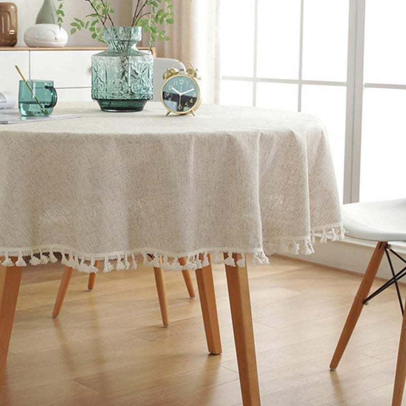 AMZALI Cotton Linen Fabric Tassel Round Tablecloth Dust-Proof Table Cover for Kitchen Dinning Tabletop Home Decoration (60 Inch, Linen) - Image 1